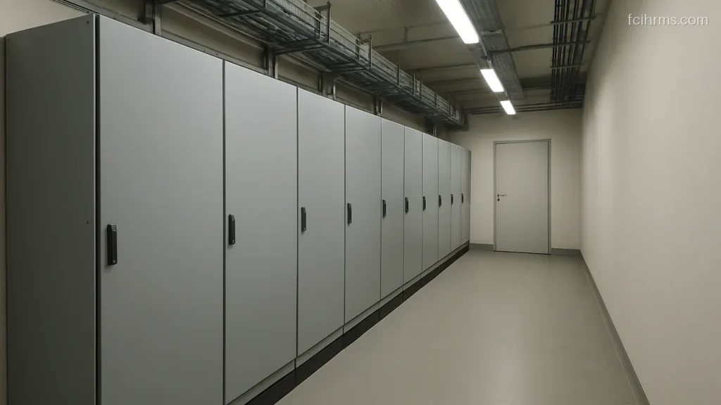 Clean electrical panel room with plain grey switchgear cabinets at a storage site