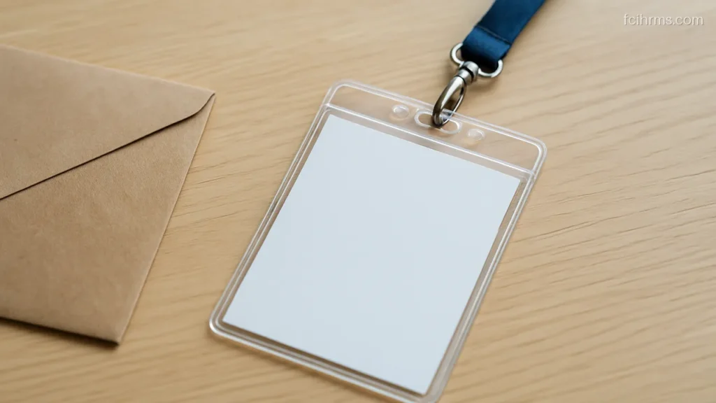 Empty plastic ID card holder with a blank white card and a lanyard