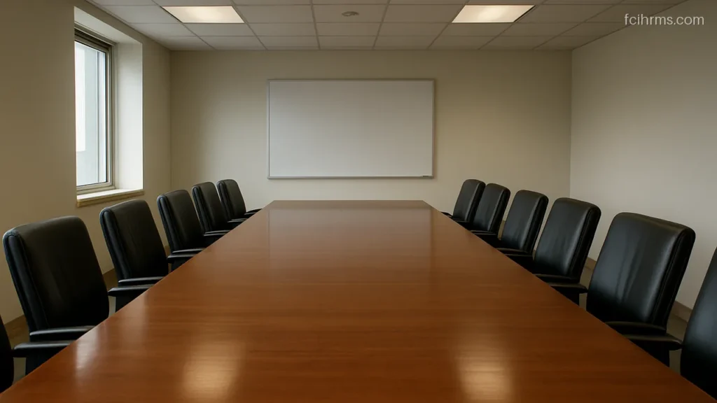 Empty meeting room with a long table, neat chairs and a blank whiteboard