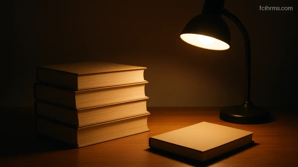 Stack of plain covered reference books under a reading lamp on a desk