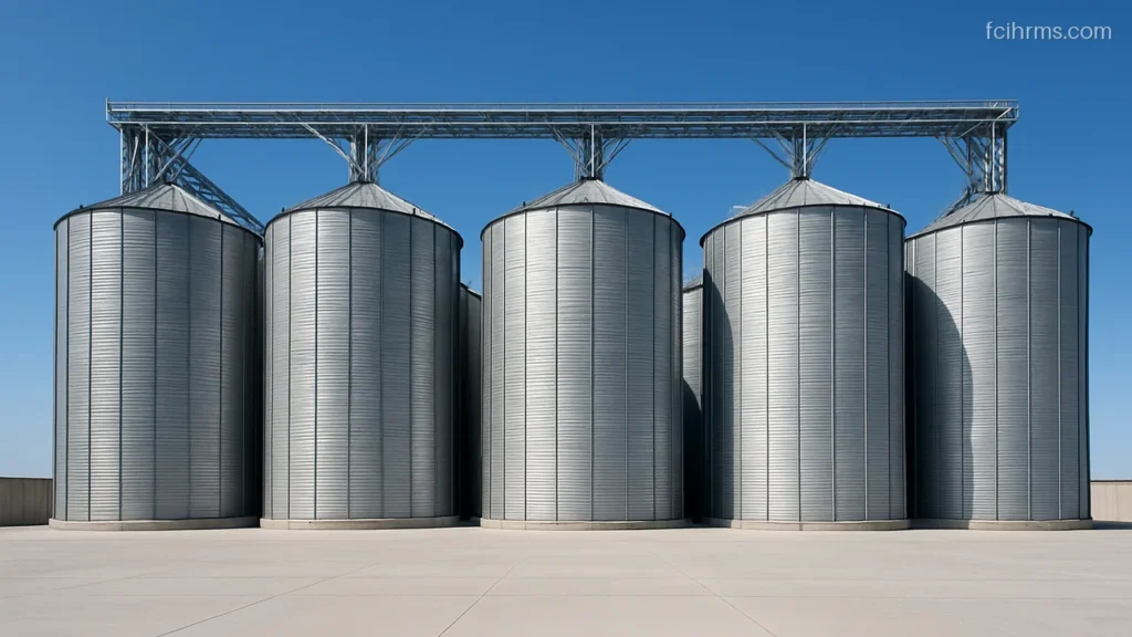 Row of tall steel grain silos under a clear blue sky seen from below