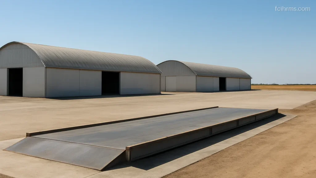 Depot yard with long warehouse sheds and an empty loading bay under a bright sky