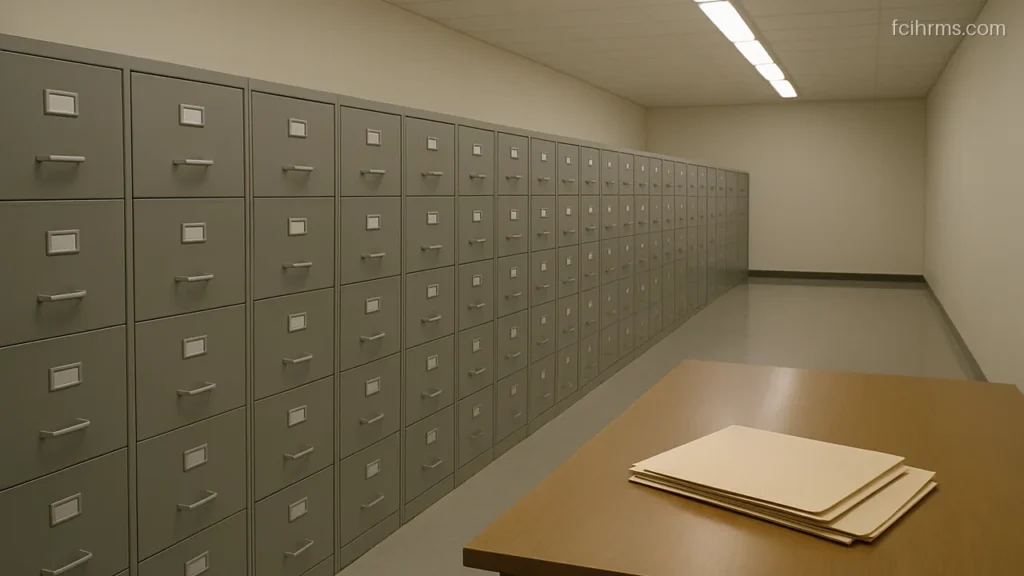 Row of grey steel filing cabinets in a quiet records room with tube lights