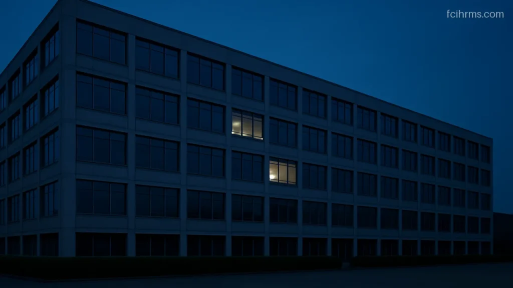 Large multi storey office building with a plain glass facade at dusk