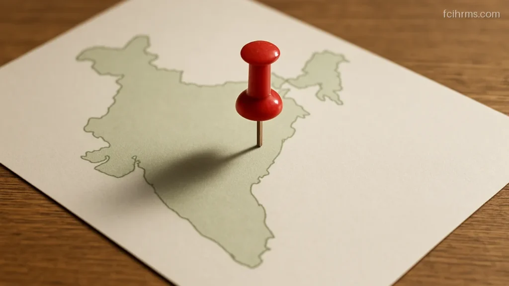 Red map pin pressed into a plain unlabelled map of India lying on a desk
