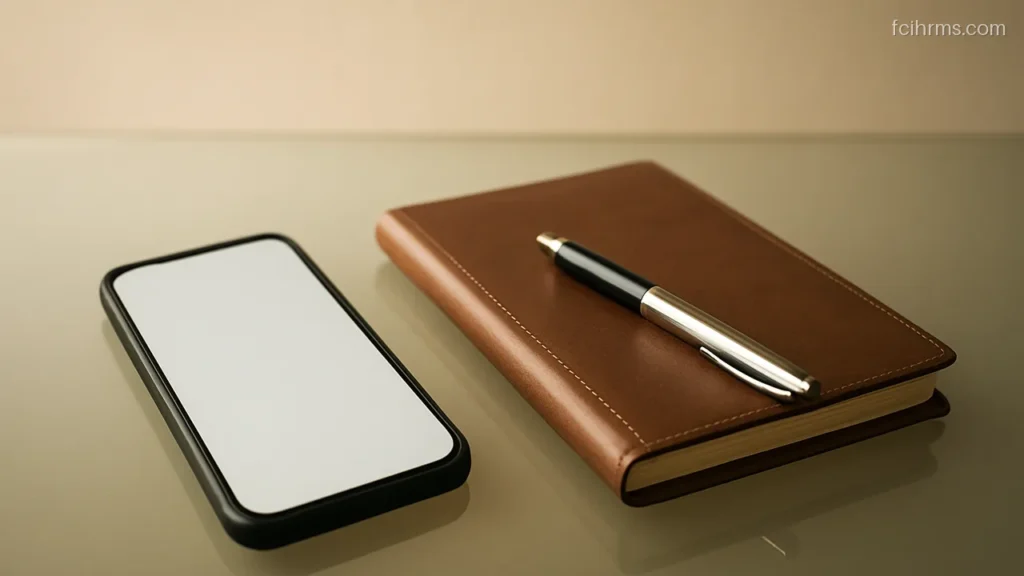 Mobile phone with a plain blank screen lying beside a closed office diary