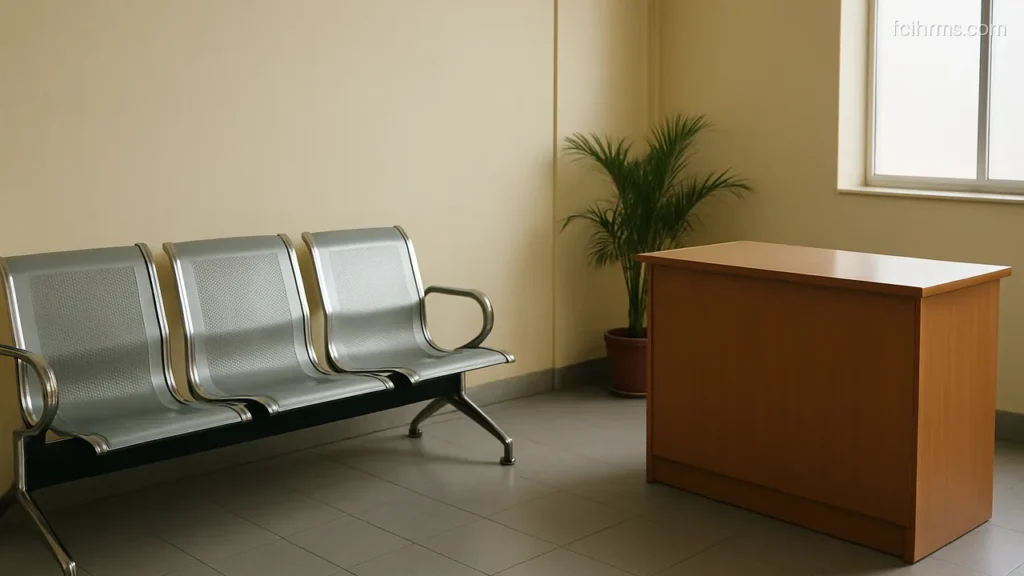 Empty reception area of a regional office with a row of chairs and a counter