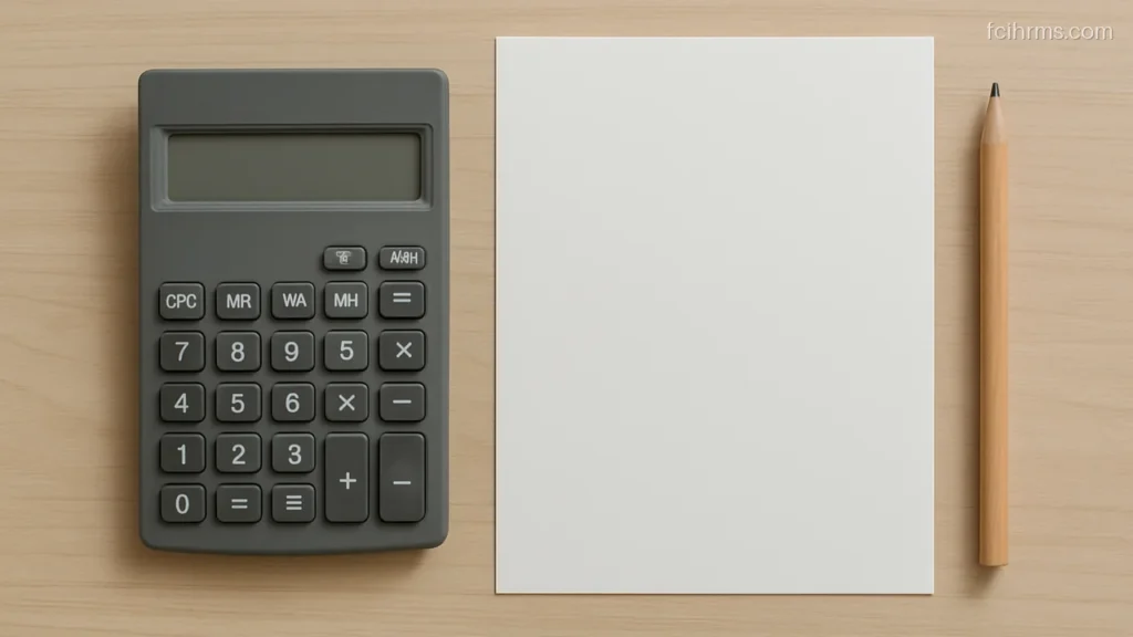 Simple calculator next to a blank sheet of paper on a wooden table