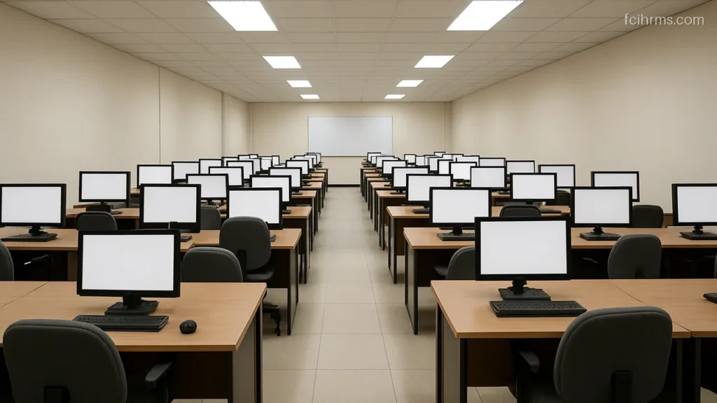 Empty computer based exam hall with rows of desks and blank monitors