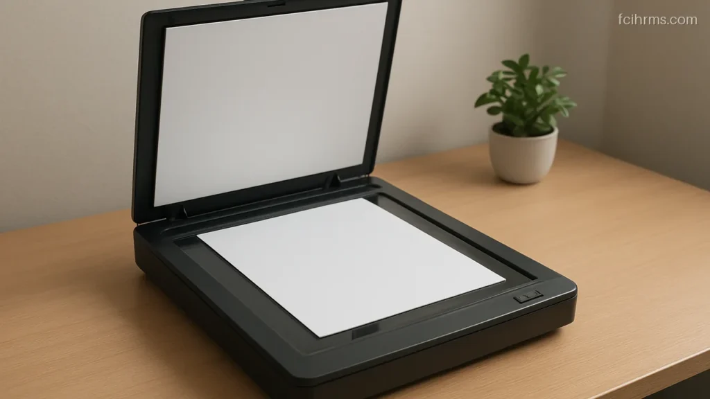 Flatbed scanner with its lid open and a blank white paper on the glass