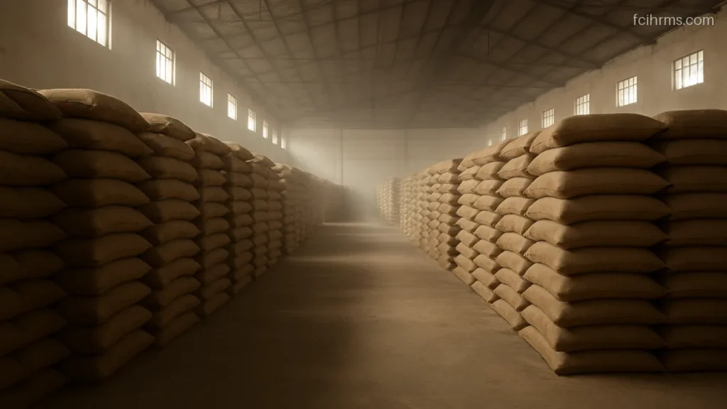 Long rows of stacked jute grain sacks inside a large storage warehouse in morning light