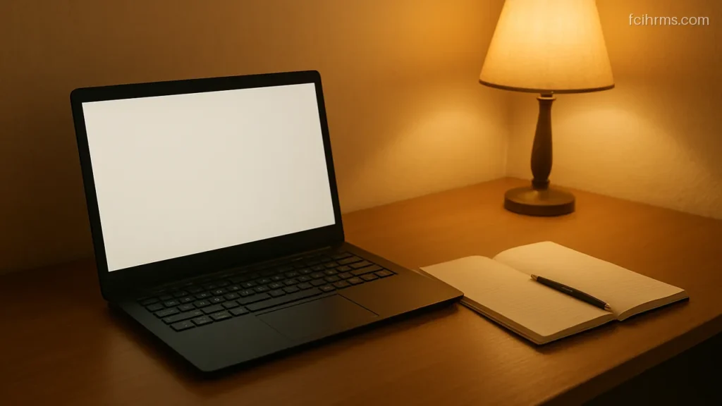 Laptop with a plain blank screen on a study table beside an open notebook