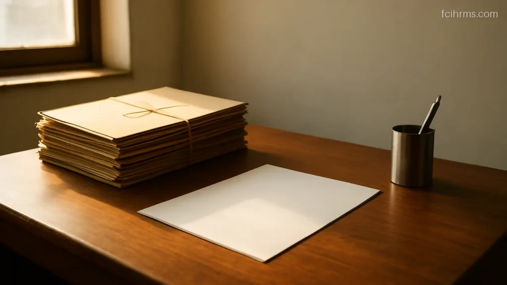 Government office desk with stacked cardboard files and a blank white sheet of paper