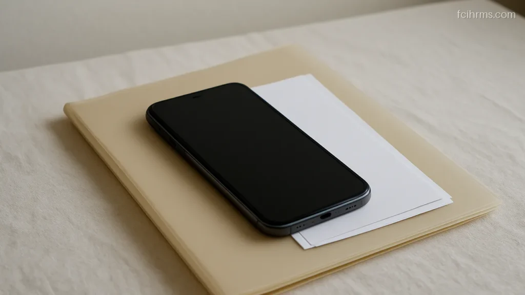Smartphone with a blank screen lying beside a folder of certificate papers