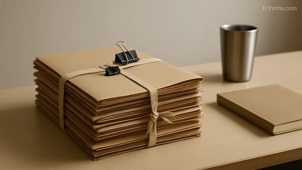 Neat stack of document files with metal clips on a government office table