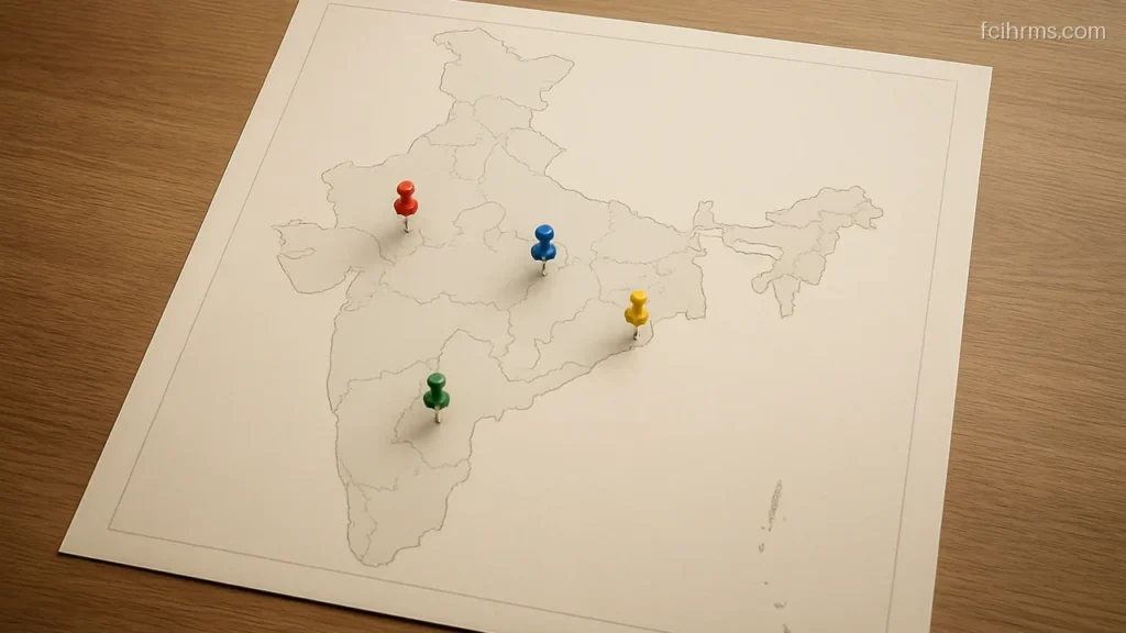 Plain unlabelled map of India with a few coloured pins on a desk