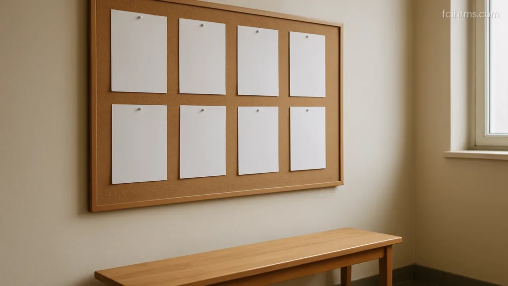 Office corridor noticeboard with plain blank sheets pinned in neat rows