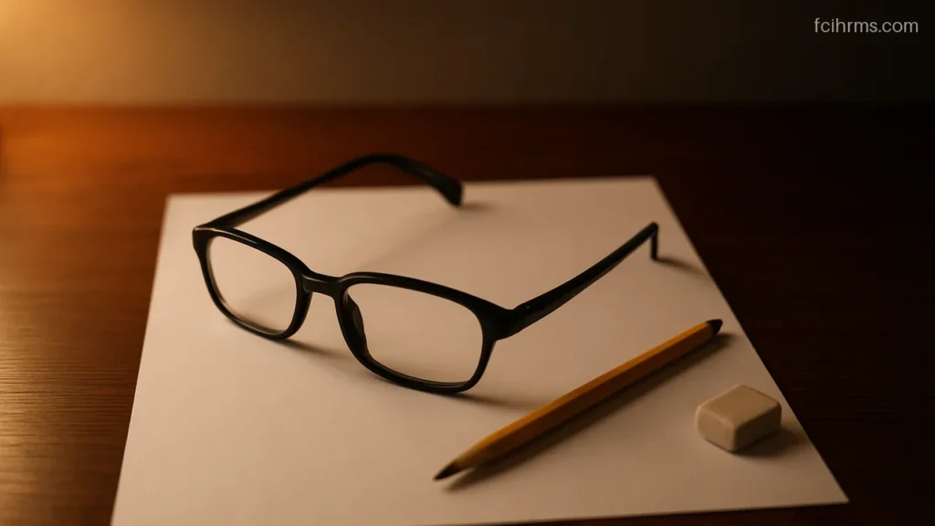 Reading glasses resting on a plain blank list beside a pencil on a desk