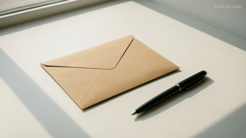 Plain sealed envelope on a clean desk beside a window in daylight