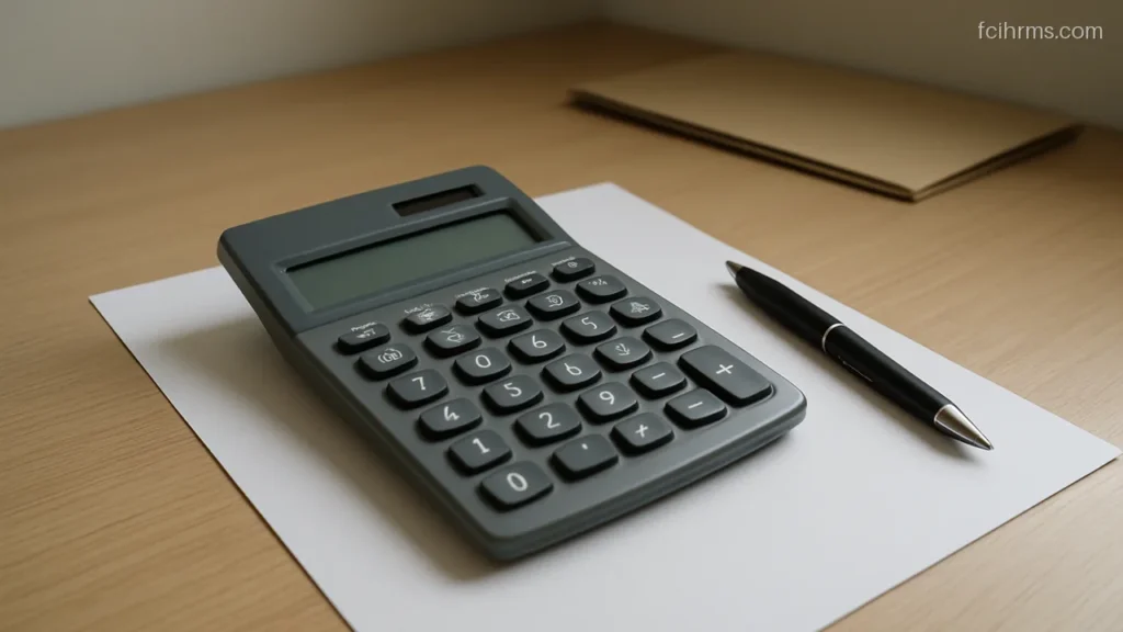 Calculator resting on a blank payslip shaped sheet on an office desk