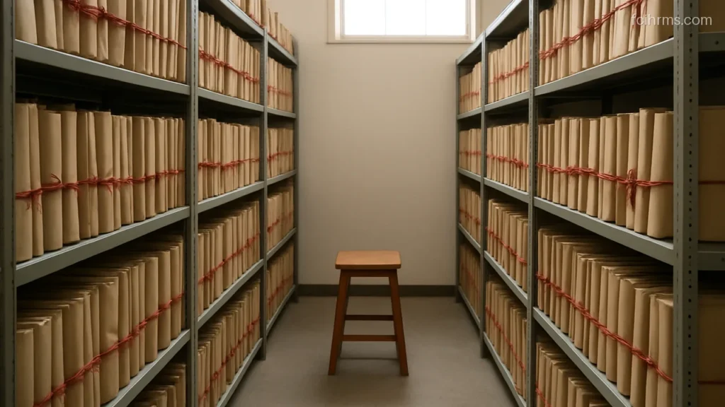 Shelf of closed office files tied with ribbon in a quiet records room
