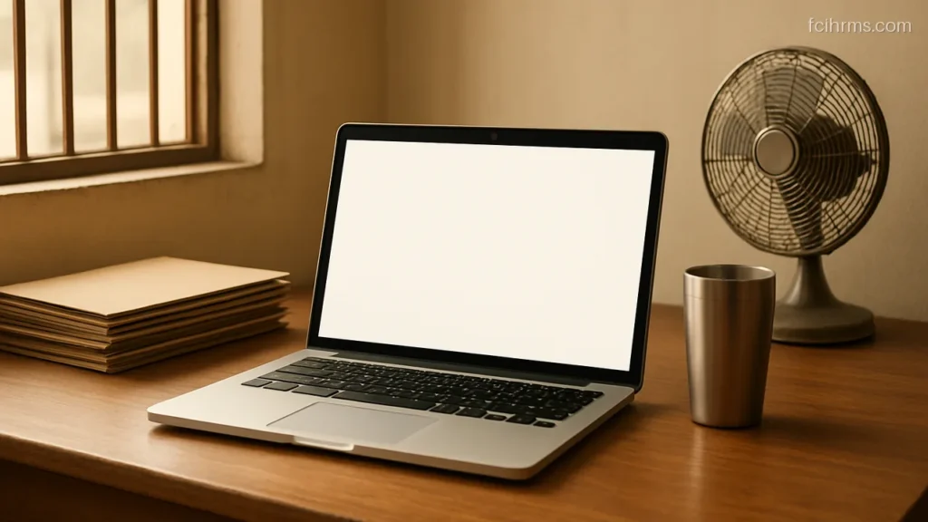 Laptop with a blank screen on a district office desk with neat files