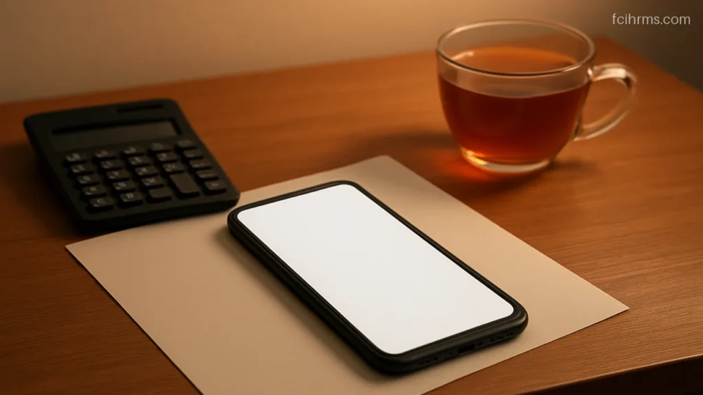 Smartphone with a blank screen beside a calculator and a cup of tea