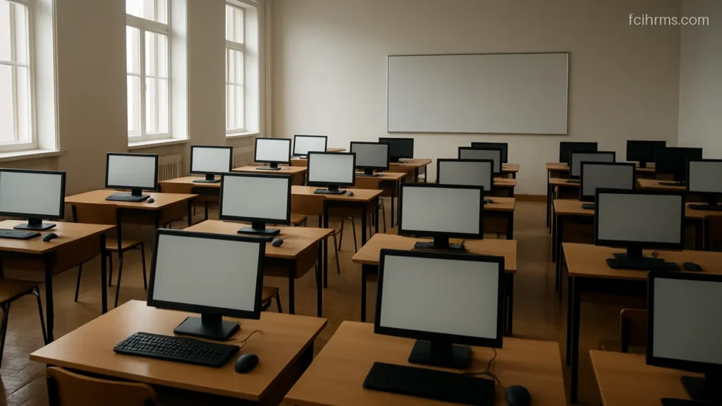 Empty exam hall with rows of desks and computer terminals in soft morning light