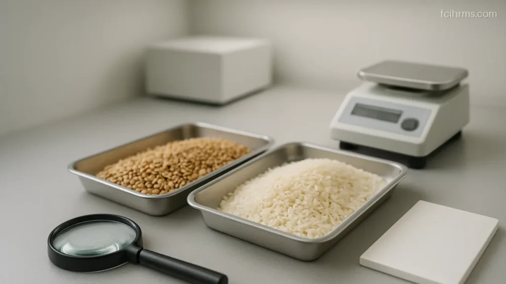 Small steel trays holding wheat and rice samples on a laboratory bench