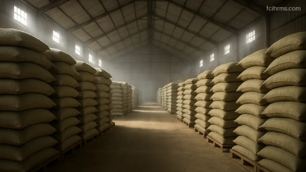 Neat stacks of jute grain sacks inside a large storage depot with high roof