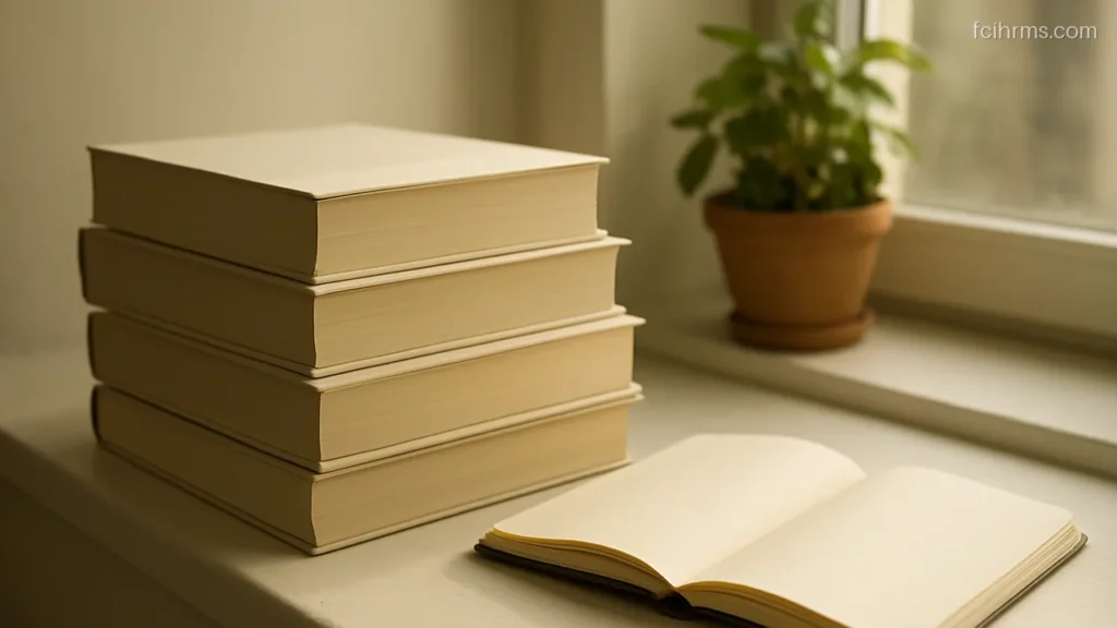Stack of textbooks with plain blank covers on a windowsill in afternoon light