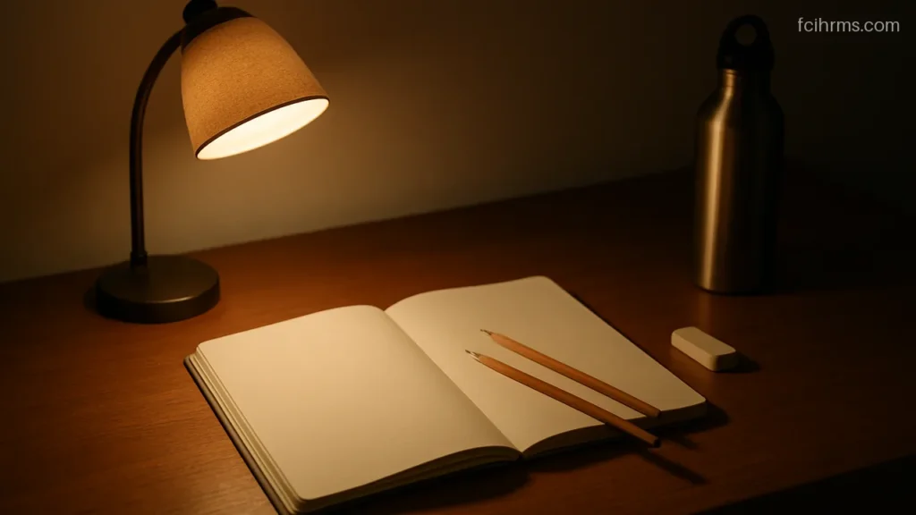 Study table with an open blank notebook, pencils and a desk lamp at night