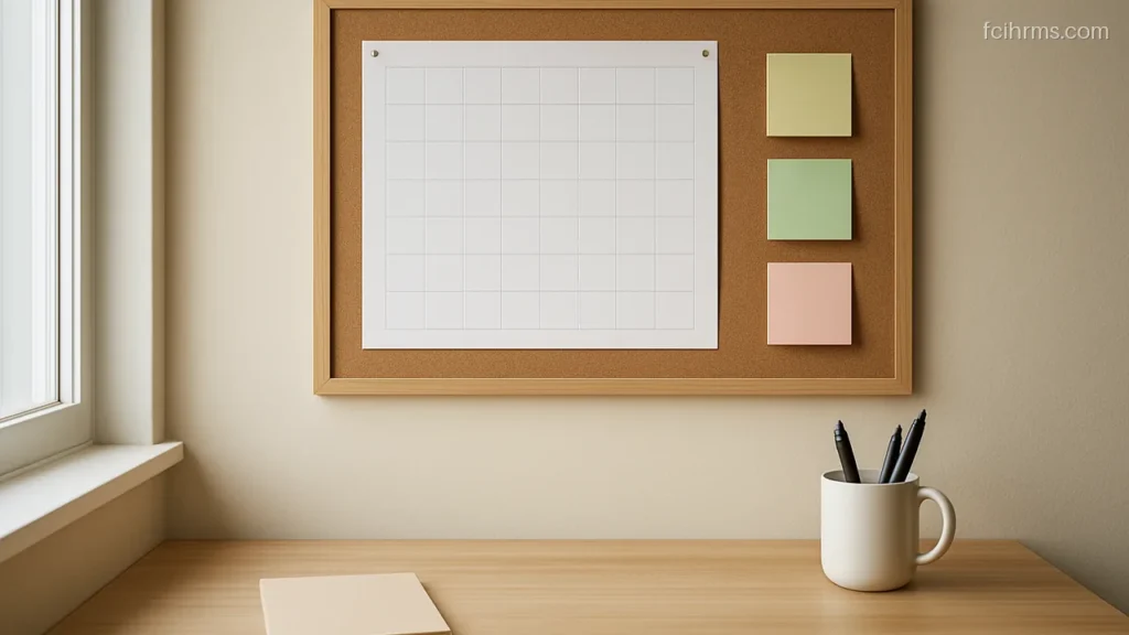 Plain blank weekly planner sheet pinned above a tidy desk with sticky notes