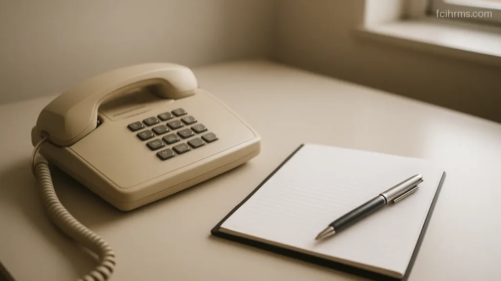 Desk telephone beside a notepad with a blank page and a pen
