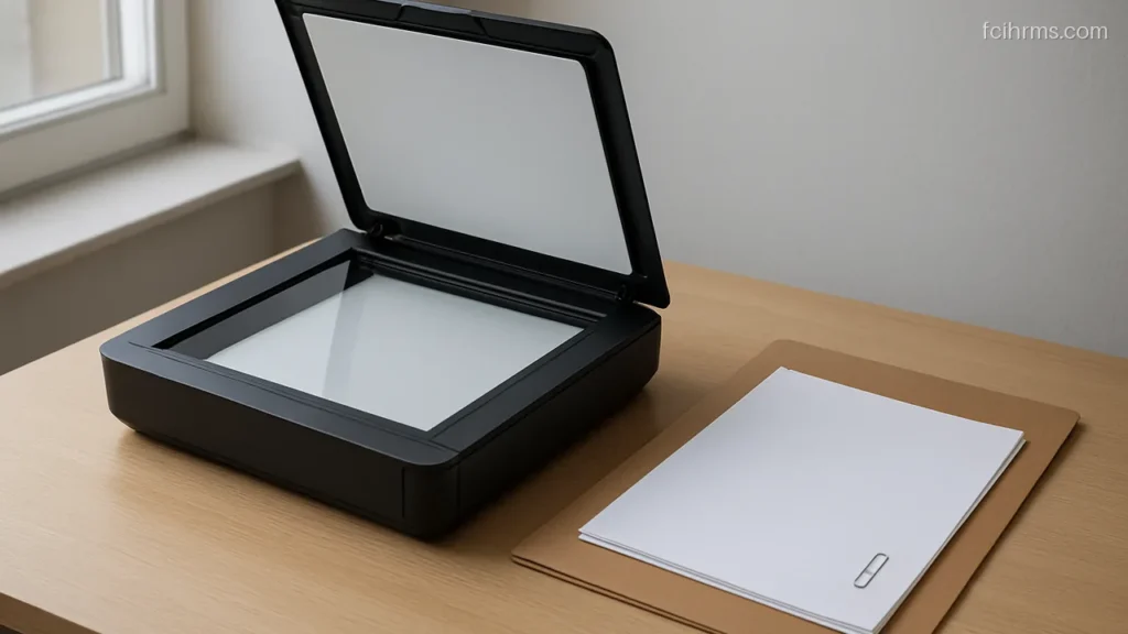Flatbed scanner with its lid open beside a plain folder of blank papers