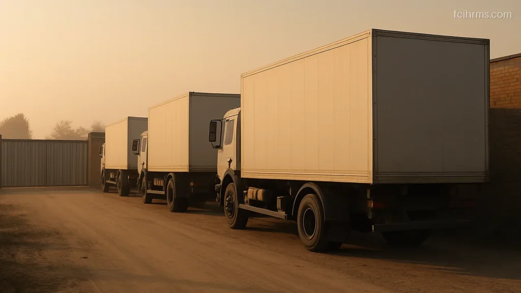 Empty cargo trucks parked in a line near a grain depot gate
