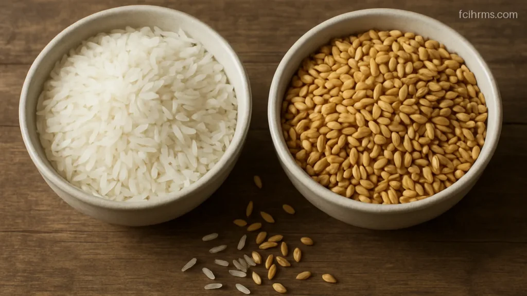 Two bowls of loose rice and wheat grains side by side on a table