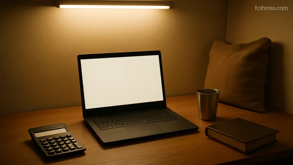 Laptop with a blank screen on a small trading office desk with a calculator
