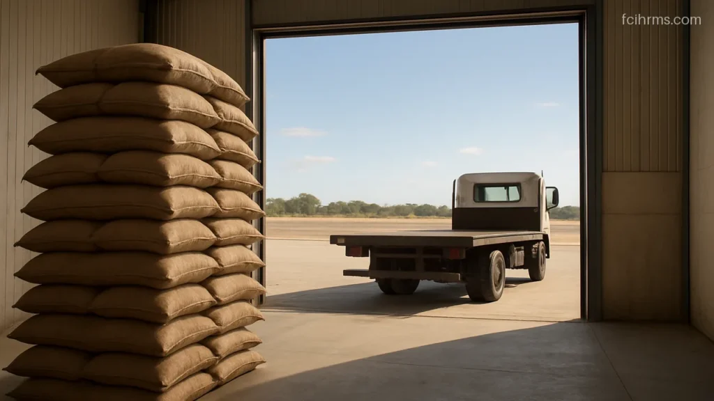 Stacked wheat sacks near the open loading bay of a large grain depot