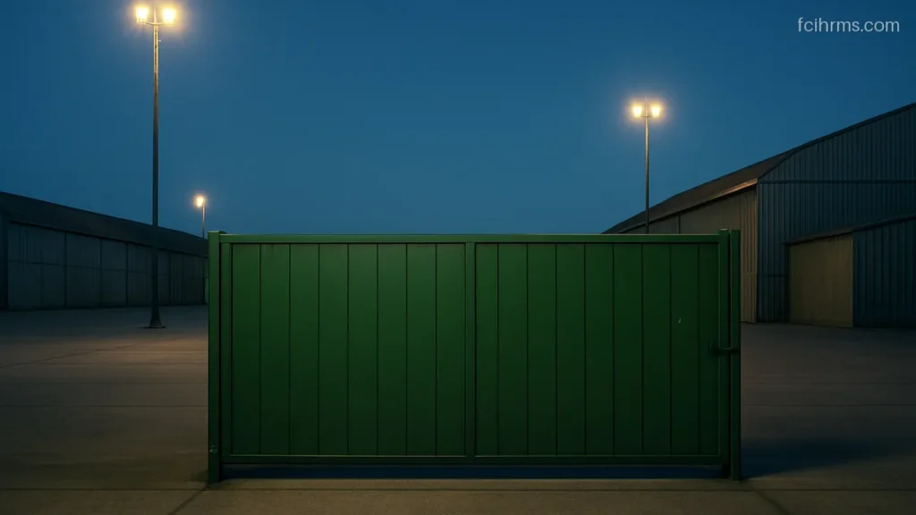 Closed steel gate of a grain depot at dusk with floodlights over an empty yard