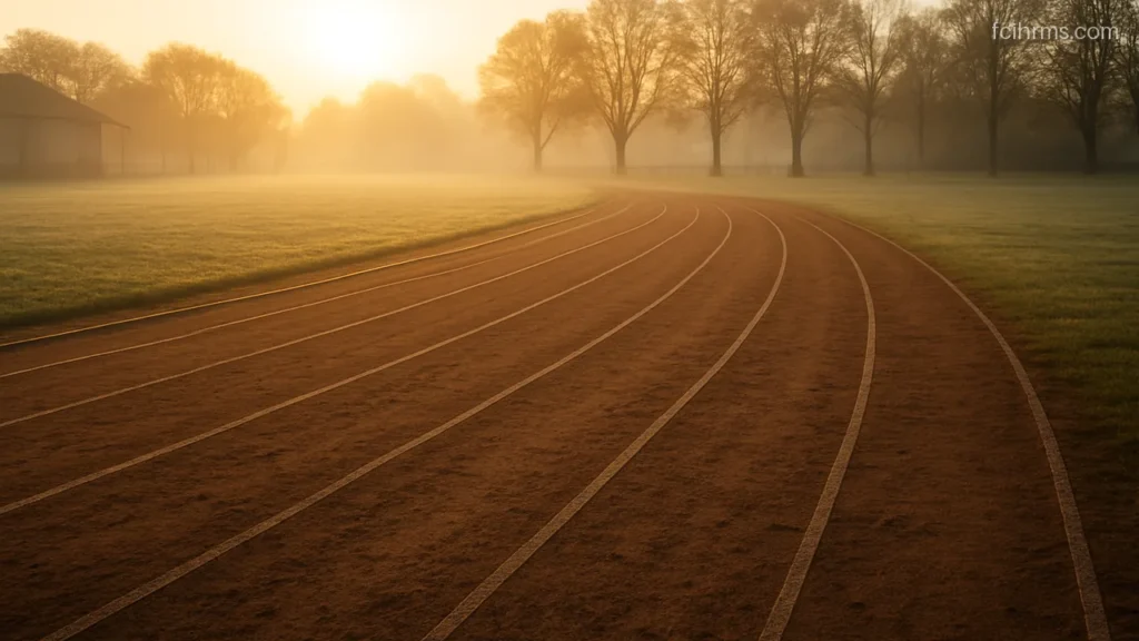 Empty dirt running track in a ground at early morning with light mist
