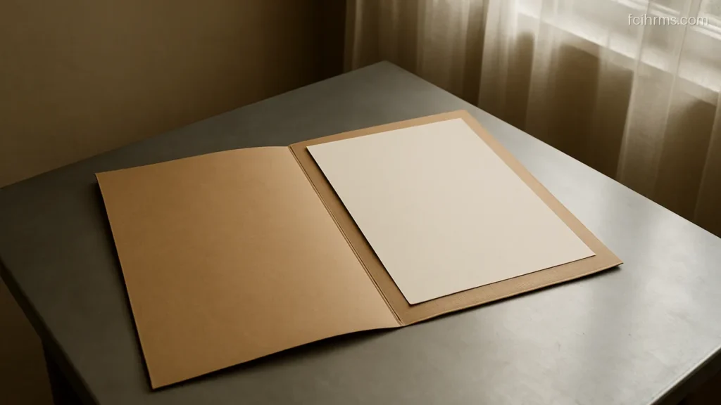 Plain folder with blank school certificate pages on a table beside a window