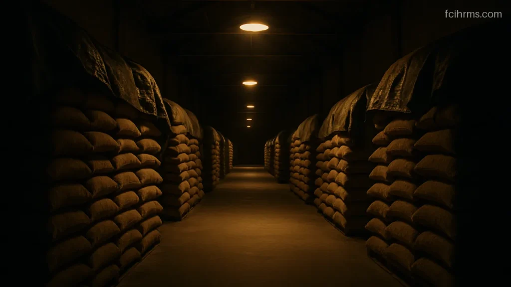 Quiet warehouse corridor at night lit by lamps between tall sack stacks